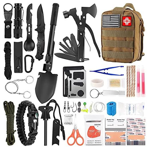 Survival Kit and First Aid Kit, 142Pcs Professional Survival Gear and Equipment with Molle Pouch, for Men Dad Husband Who Likes Camping Outdoor Adventure (Khaki)