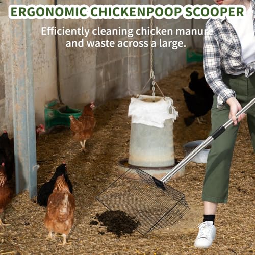 Image of 15inch Large Chicken Poop Scooper, 24 to 68'' Coop Scoop with Stainless Steel Handle, Sand Sifter Shovel, 4 in 1 Multifunctional Heavy Duty Chicken Coop Shovel, Large Litter Scooper