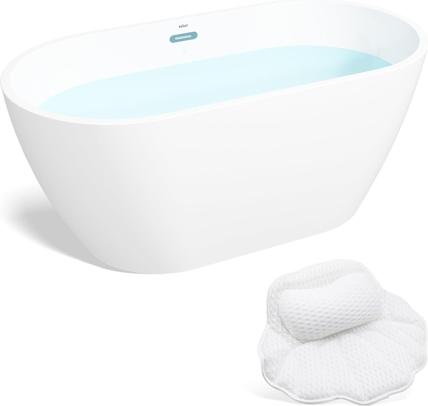 FerdY Nauru 55" Acrylic Freestanding Bathtub, Gracefully Shaped Freestanding Soaking Bathtub, Glossy White cUPC Certified, Toe-Tap Chrome Drain& FerdY Bath Pillow for Bathtub,Thick Tub Pillows