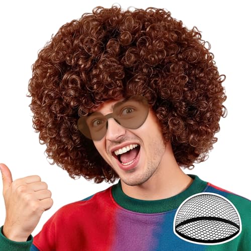 PLULON Brown Afro Wig with Heart Sunglasses for Women Men Colored Short Fluffy Curly Funny Party Afro Wigs 70s 80s Disco Hair for Disco Birthday Bachelor Halloween Party Cosplay Costume