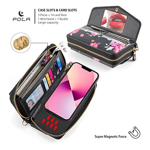 Wallet Case for iPhone 12 Mini/12/12 Pro/12 Pro Max, RFID Blocking Card Holder Slots Detachable Magnetic Flip Crossbody Case Zipper Cash Coin Pocket for Women,Black,12 Mini3