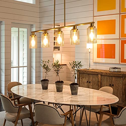 Kpiok Kitchen Island Lighting, 5-Light Dining Room Light Fixture, Gold Pendant Lighting For Kitchen Island Dining Table Living Room With Clear Glass Shade #TOP2