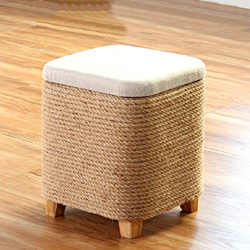 Siège en Lin Peu encombrant Pouf de Rangement, Grande capacité Couloir Assis Repose-Pieds Tabouret pour Salon Chambre, rotin Fait Main Tabouret de...