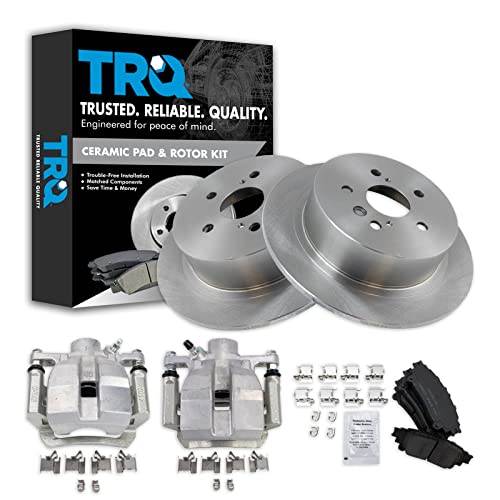 Image of TRQ Rear Brake Pad and Rotor Set Ceramic Solid Rotors Calipers Hardware Compatible with 2014 Toyota Highlander