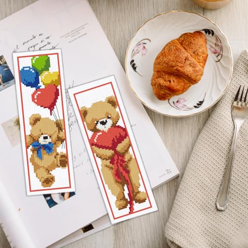 Image of INFUNLY 6PCS Brown Bear DIY Cross Stitch Bookmark Kits 8.5 inchx2.9 inch Cute Bear Stamped Embroidery Kits with Instructions Balloons Gift Box Needlepoint Bookmark Kits for Book Lovers Readers Writers