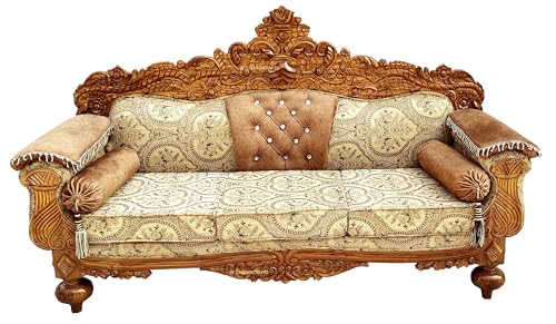 Image of Wooden 5 Seater Sofa Set with Center Table | 3+1+1 Solid Wood Hand-Carved Brown Sofa with Traditional Design Furniture for Living Room | Home | Office