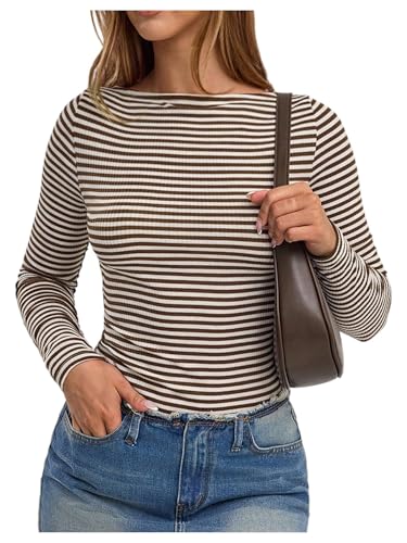 Milumia Women's Y2k Striped Boat Neck Top Fitted Long Sleeve Knit Tops