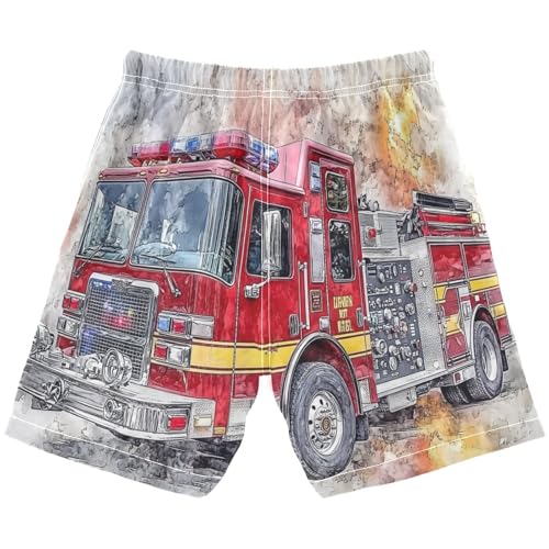 Boys Beach Board Shorts Watercolor Fire Engine Swim Trunk Teen Swimwear 8-16Y Multicolor2