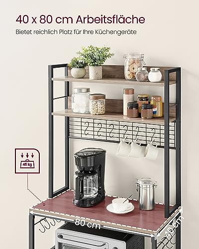 VASAGLE Küchenregal, Standregal mit Steckdosen, Mikrowellen-Regal, mit Gitterplatte, 14 Haken, 40 x 80 x 170 cm, Greige-schwarz KKS025B02EU