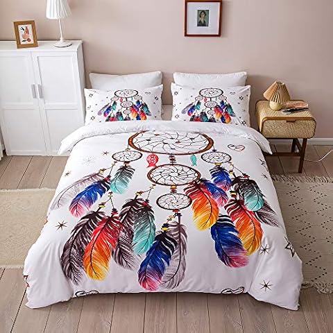 Chanyuan Dream Catcher Colourful Feather Pattern Duvet Cover 135 x 200 cm, 2-Piece White Bed Linen Set Girls Children Soft Microfibre Exotic Bohemian Feather Style with Pillowcase 80 x 80 cm Cover
