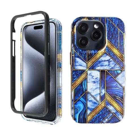 KIRDEIVY Compatible with iPhone 15 Pro Case Cover, Marble Pattern Heavy Duty Full Body Shockproof Hard PC+Soft Silicone Protective Women Girls Durable Cover (Blue, iPhone 15 Pro) Cover