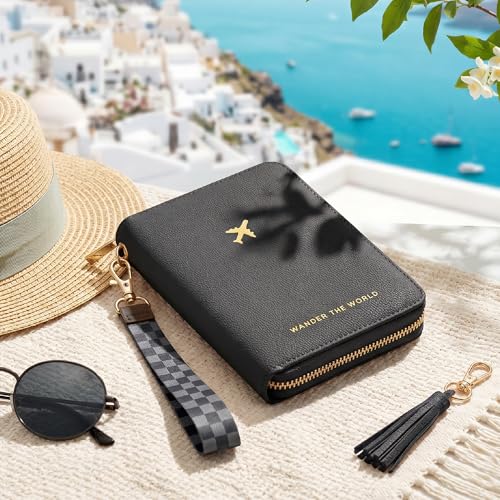 Image of Stylish Passport Holder for Travel with Detachable Wristlet Strap, Black, 6.4 x 4.6 x 0.7 inches, Modern | All-in-one Travel Wallet Organizer for Women - Secure Money Belt Alternative with Card Slots and Tassel Keychain