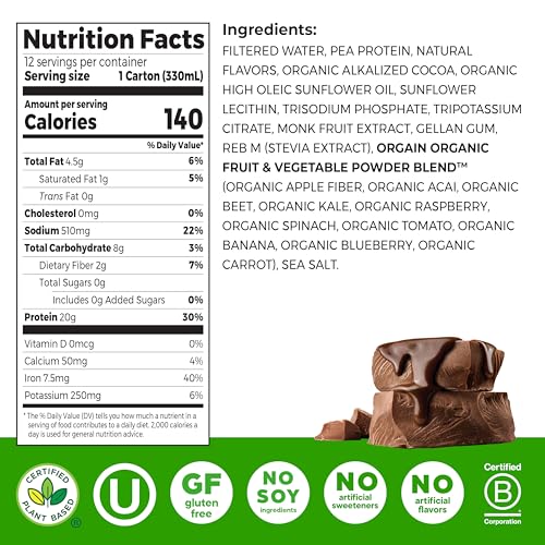 Orgain Organic Vegan Protein Shake, Creamy Chocolate - 20g Plant Based Protein, Ready to Drink, Fruits & Vegetables, Gluten Free, Kosher, No Soy or Dairy Ingredients, 11 Fl Oz (Pack of 12)