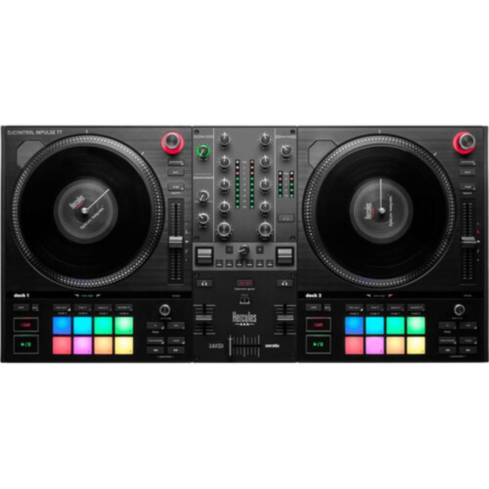 Hercules DJControl Inpulse T7, 2 Deck Motorized DJ Controller with built in STEMS Control, Serato DJ and DJUCED included Bundle with Hercules HDP DJ45 Closed-Back, Over-Ear DJ Headphones