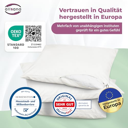 Allsana Allergiker Kissenbezug 80x80 cm | Allergie Bettwäsche | Anti Milben Encasing | Milbenschutz für Hausstauballergiker | allergendichter Zwischenbezug für das Kopfkissen | Hohenstein zertifiziert