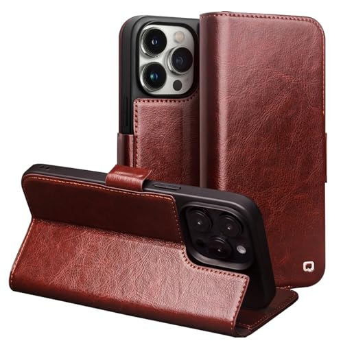 Étui portefeuille iPhone 15 cuir véritable housse à rabat marron