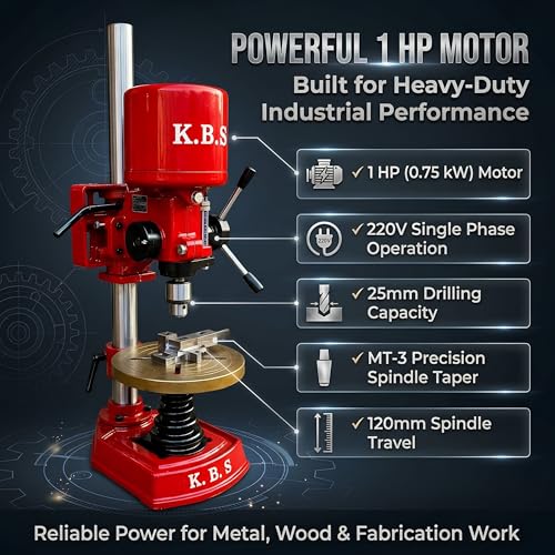 Image of K.B.S 1 Inch Heavy Duty Pillar Drill Machine, 1 HP Motor, 5 Step Speed Control, Tiltable Work Table, Cast Iron Base