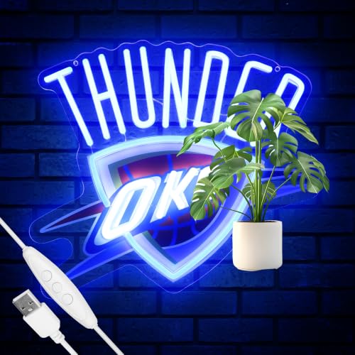 Basketball Team Neon Sign Sport Light Up Dimmable OKC City Basketball Team Logo Hanging USB Powered Led Neon Sign for Wall Decor Bedroom Man Cave Party Birthday Party Christmas Merch Deco Gift for OKC Boys Teens Fans