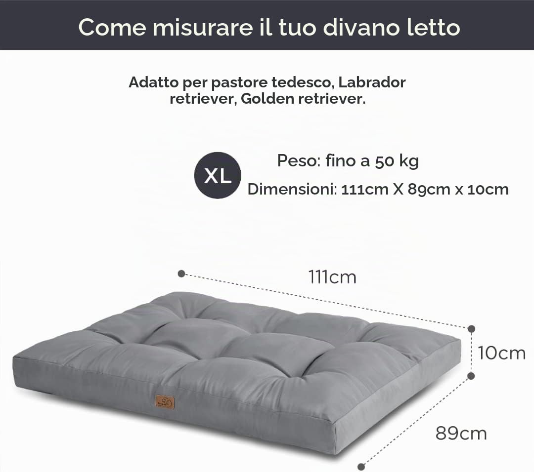 Bedsure Cesto per cani di grandi dimensioni, impermeabile, cuscino per cani in tessuto Oxford, materasso per letto per cani lavabile, grigio, 110 x 89 x 10 cm