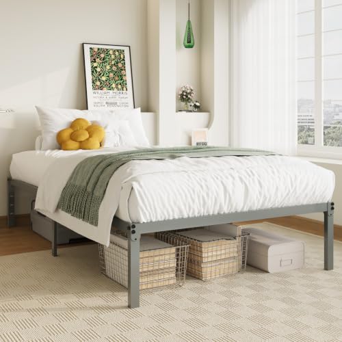 Image of Allewie Twin XL Bed Frame, 14 inch Metal Platform Beds with Storage Space, No Box Spring Needed and Easy Assembly, Grey