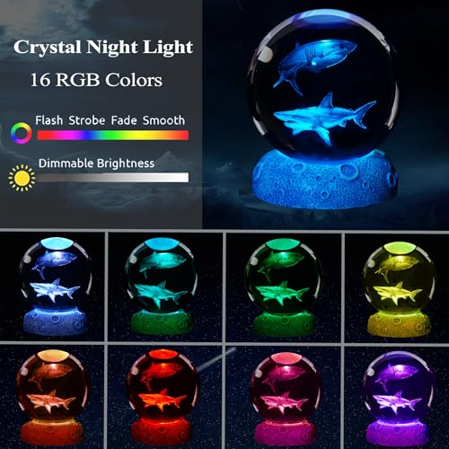 Image of Shark Night Light, 3D Crystal Ball Shark Lamp, Underwater Gifts with 16 Color Remote Upgraded 3.15 Inch Ball for Room Decor Boys Girls Birthday Xmas Cool Figurines Gifts