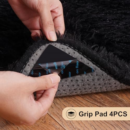 Black Rugs for Bedroom, 2x3 Feet Fluffy Area Rugs for Living Room, Soft Shag Kids Rug Small Carpet with 4 Non-Slip Rug Pads (2ft x 3ft, Black)