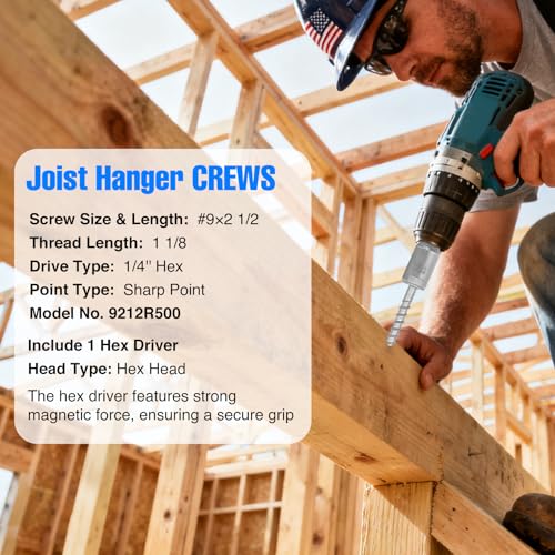 Image of Mech.Galv.#9 x 2-1 /2 inch Joist Hanger Screws-200 Qty,9212R200 Hurricane Screws | 1 /4 inch Hex Socket Wood Screw,0.370 inch-Dia Deck Screw, Joist Hanger Connector Screws Replace 10D Nails-1500 Hours Salt Spray Test