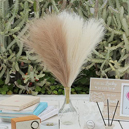 Brown Beige Faux Pampas Grass Decor, 6 Stems(3 Brown +3 Beige)-18'' Small Short Artificial Taupe Cream Pompous Grass Pampass Fluffy Fake Pompass Grass Branches Dried Plants Boho Flowers Floral Bulk #TOP4