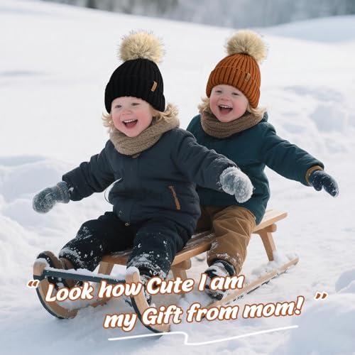 Kids Winter Hat Toddler Stretchy Knitted Beanie with Faux Fur Pom Poms Beanie for Baby Girls Boys2