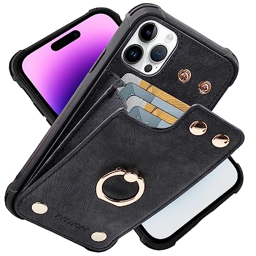 PYTWOPY Compatible for iPhone 15 Pro Wallet Case with Credit Card Holder,Leather Shockproof Protective Phone Cover 6.1 inch Supports 360°Rotation Ring Stand and RFID Blocking,Black