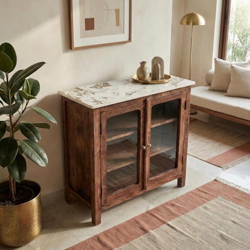 Image of Solid Wood Madrid Crockery Cabinet (S) | Display Cabinet with Sintered Stone Top | Finish- Scratch Resistant Tubaq
