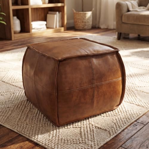 Divanus Leather Ottoman Handmade Stuffed Square Ottoman Genuine Leather Pouf Foot Rest Pouf Comfortable Soft Seating for Living Room & Bedroom (Brown Square)