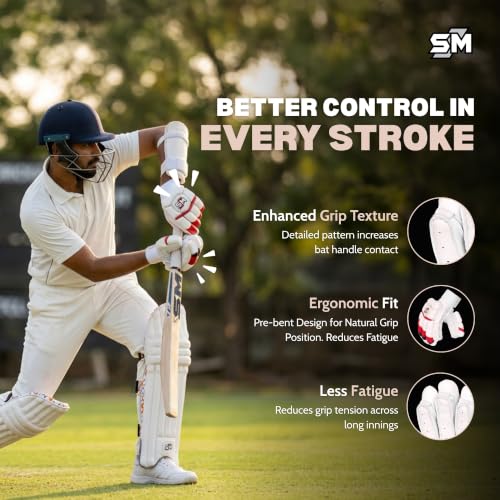 Image of SM Power Batting Gloves Men's | Cricket Gloves | Super Test Model | Imported Sheep Leather Palm | Full Fibre Shield | Plastazote Thumb Protection | Water-Repellent | Professional Gloves | Size Men's