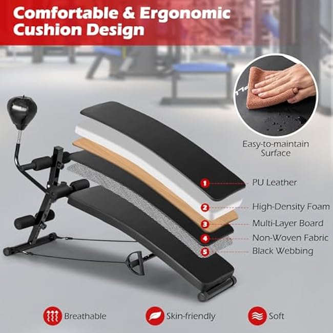 Goplus Adjustable Decline Sit Up Bench for Exercise, Foldable Curved Slant Bench with Speed Ball, Pump & 2 Resistance Bands, Heavy Duty Metal Frame, Full Body Ab Workout Equipment for Home Gym, Black