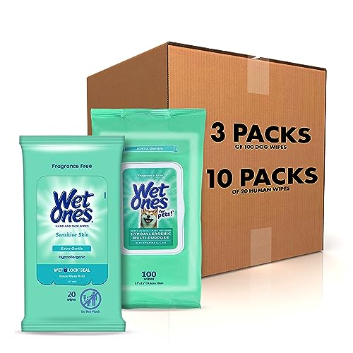 Image of Wet Ones Mixed 13 Piece Bundle of Human & Pet Wet Wipes, Hypoallergenic | 10 Packs Sensitive Skin Hand and Face Wipes, 20 Ct Plus 3 Packs for Pets Hypoallergenic Dog Wipes, 100ct