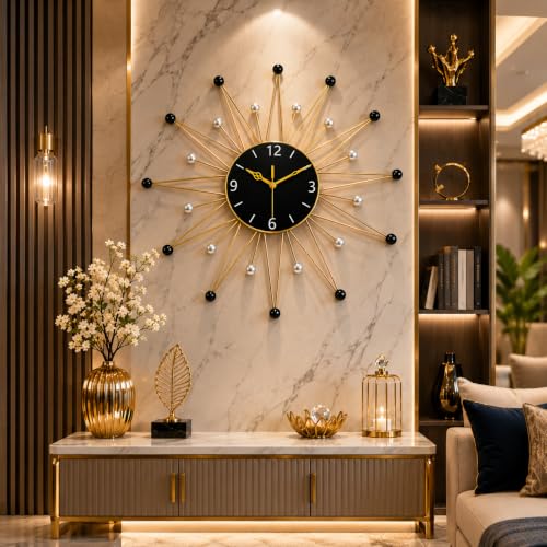 Image of Modern Sunburst Metal Wall Clock Gold & Black for Living Room