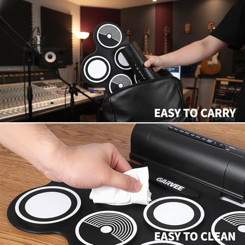 Image of Wireless Electronic Drum Set with 7 Pads, Portable Roll-Up Practice Kit for Kids & Beginners , Built-in Speaker, LED Lights, Recording & Headphone Output ,Includes Kick Pedal, Drum Sticks