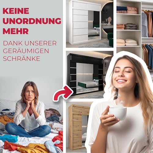 MEBLE KRYSPOL Kleiderschrank mit Spiegel Verona 2 - Garderobenschrank - Schrank Schlafzimmer - Mehrzweckschrank DREI Schiebetüren - Regalen - Flur Möbel - Kleiderstange Schrank - Allzweckschrank