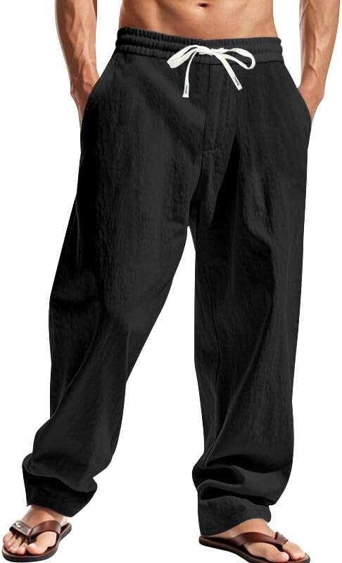 TAFLE Mens Linen Pants Casual Summer Beach Pants Elastic Waist Drawstring Lightweight Vacation Trousers with Pockets