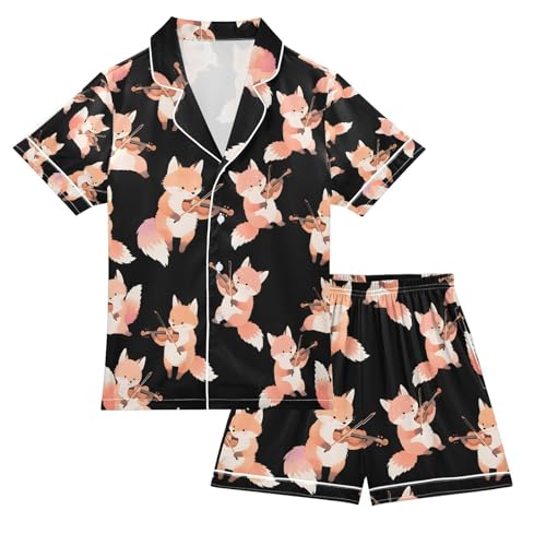 senya Fox Playing Violin Satin Summer Pajama Sets Silk Short Sleeve Button Down Sleepwear