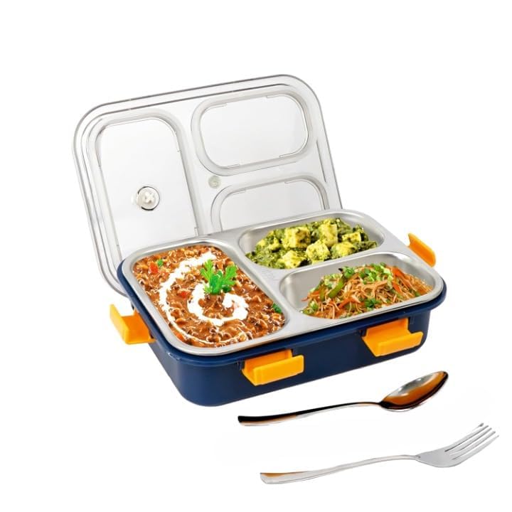 Image of MOMITTLE Lunch Box 3 Compartment Leak-Proof BPA Free Stainless Steel, Lunch Box for Kids, Lunch Box for School & Office with a Fork, a Spoon and a Pair of Chopsticks (Blue), 750 ml