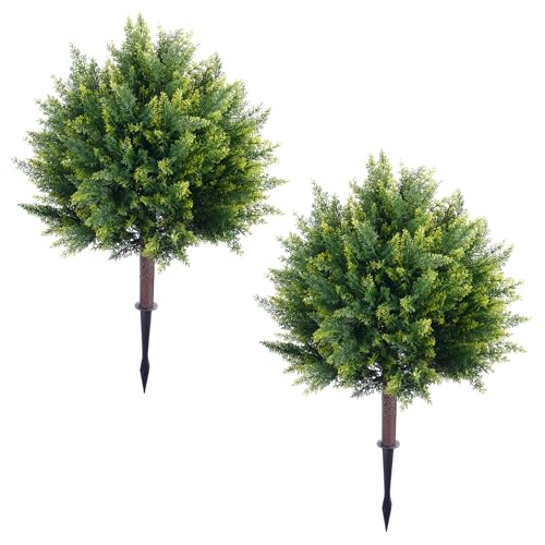 Artificial Cypress Topiary Tree Outdoor, 27.6 Inch Artificial Faux Ball Trees with Ground Spike, UV Resistant Outside Shrubs Bushes for Garden, Set of 2 Fake Evergreen Plants Front Porch Indoor Decor