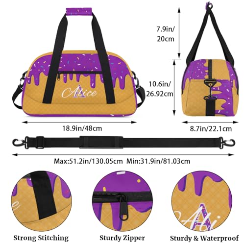 Personalized Kids Sports Duffel Bag with Name Custom Gym Dance Bag for Boys Girls Waterproof Weekender Overnight Bag for Travel Cheerleading Gymnastics Purple Fluid Waffle3