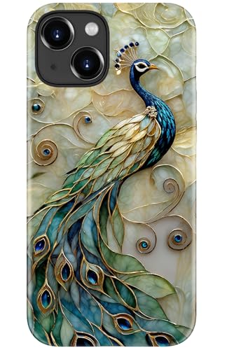 Image of Goodon for iPhone 15 Plus Case Cute - Wireless Charging Compatible - Dual-Layer Hard Shell + Silicone Cover - Protective Phone Case with Trendy Designs for Women - Peacock and Flower