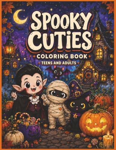 Spooky Cuties Coloring Book for Teens and Adults: 50 Single-Sided Cute and Creepy Halloween Designs Featuring Witches, Ghosts, Vampires, Mummies and Haunted Scenes image 2