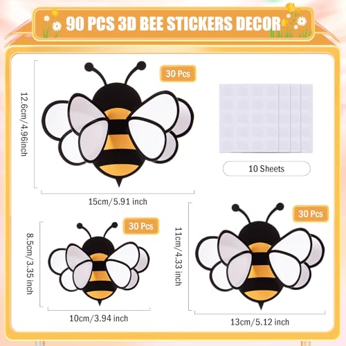 Image of FOBSME 90 Pcs 3D Bee Stickers 3 Sizes Tiny Ornaments for Honey Bee Party Wall Decal Decorations Yellow Honey Bees Clings for Home Classroom Office Fridge Window Decor Spring Summer Party Supplies
