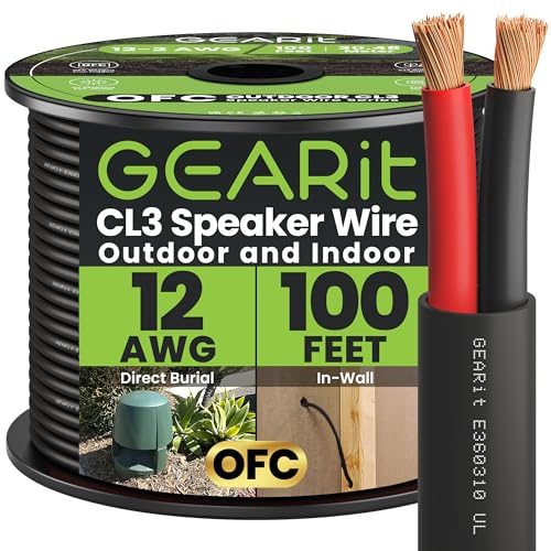 GearIT 12/2 Speaker Wire (100 Feet) 12AWG Gauge - Outdoor Direct Burial in Ground/in Wall / CL3 CL2 Rated / 2 Conductors - OFC Oxygen-Free Copper, Black 100ft