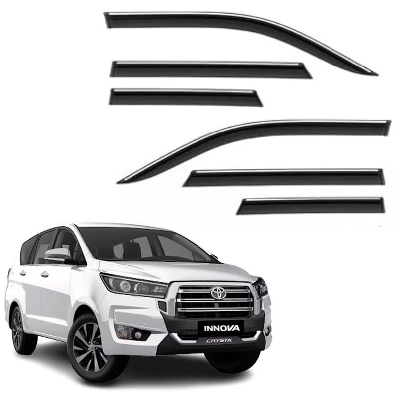 Image of CAR SAAZ Side Door Visors for Innova Crysta (2016-Present) (Set of 6Pcs)|Chrome Lined Rain Guards, Smoke Finish, Polycarbonate Wind Deflector