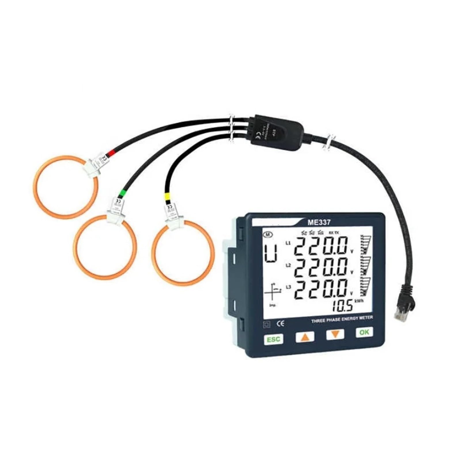 contatore Elettrico Misuratore di energia ME337 monofase e trifase con Display LCD e Pinza amperometrica a Bobina di Rogowski(ME337ND8 No Coil)