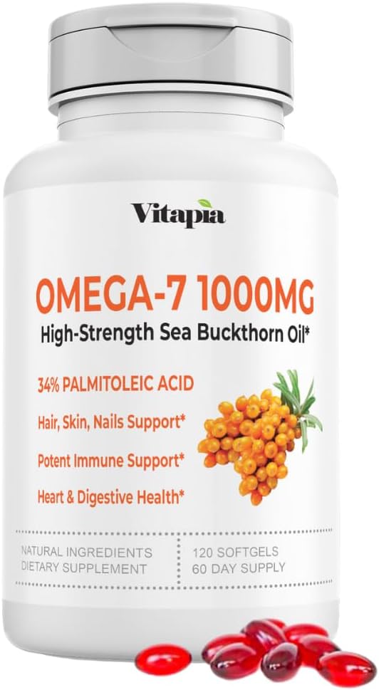 Omega 7 Sea Buckthorn Berry Oil 1000mg for Hair, Skin, Nails, Heart Health Support - 34% Palmitoleic Acid & Natural Omega 3 6 9 Fatty Acids Supplement - 120 Capsules, Non-GMO, Gluten-Free